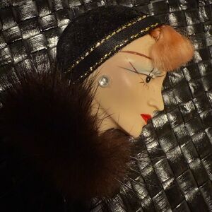 Vintage Parisian Porcelain Brooch- Lady in Fur, Side Profile 1980s